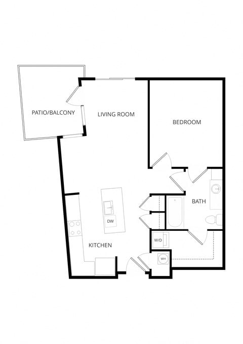 Floor plan for 1 bed, 1 bath, 722 sqft